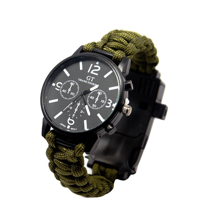 Wristwatch with green braided strap on a white background