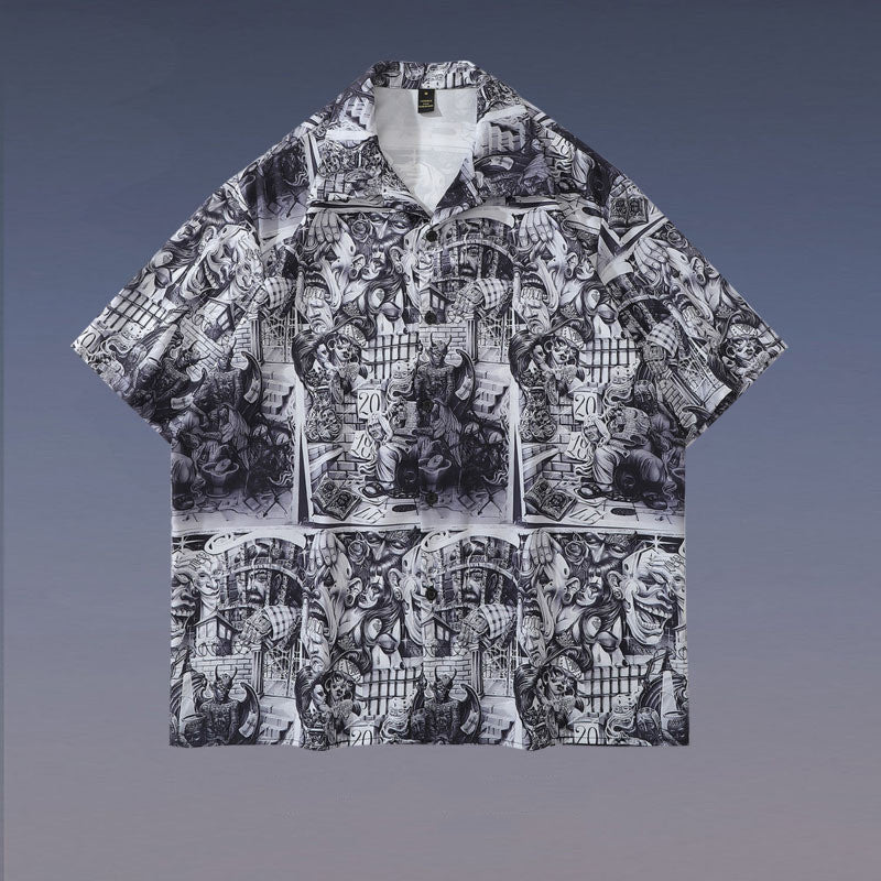 A short-sleeved chemical fiber shirt featuring a black and white floral pattern with a lapel collar.