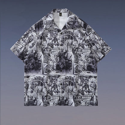 A short-sleeved chemical fiber shirt featuring a black and white floral pattern with a lapel collar.