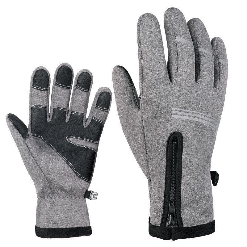 Gray gloves with water-repellent composite fleece on a white background