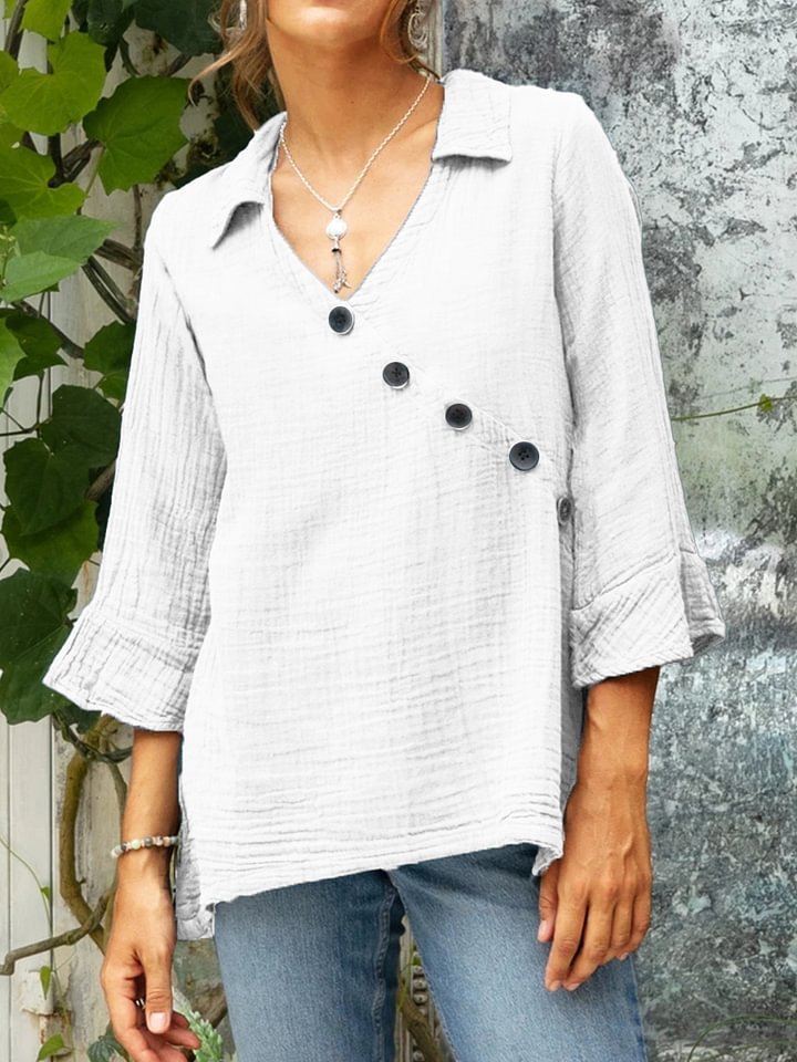 Women's Cotton And Linen Button V-neck Shirt Top