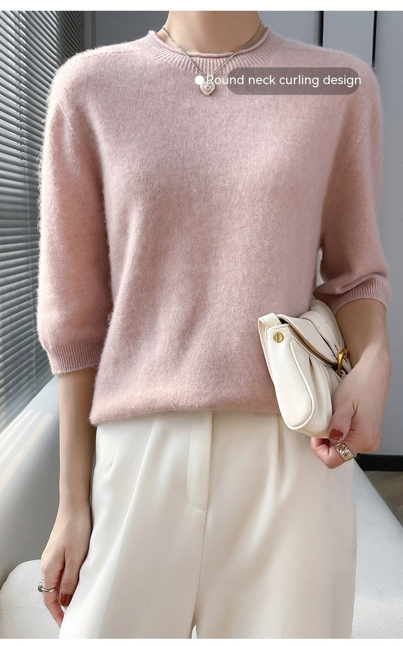 Spring Style Front Line Ready-made Garments Pure Wool Sweater Round Neck Curling Half Sleeve