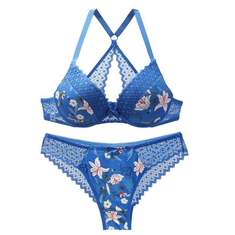Blue floral lingerie set on a white background