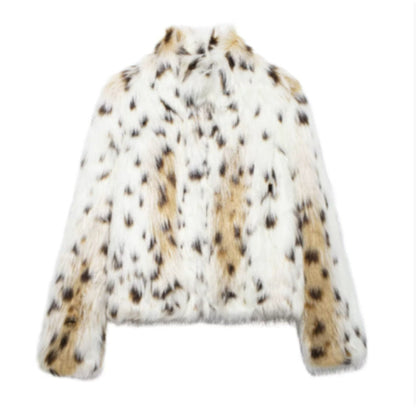 Faux fur jacket with a snow leopard pattern on a white background