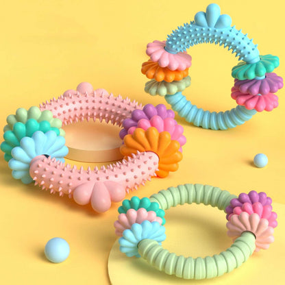 Colorful textured rings on a yellow background