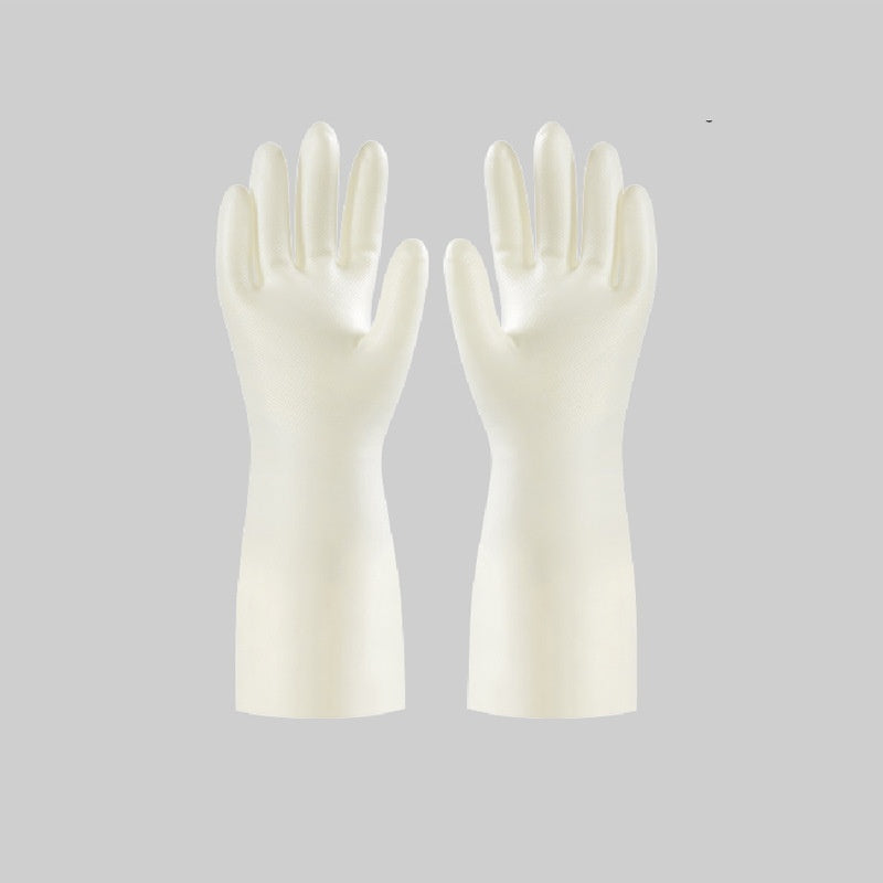 Pair of white nitrile protective gloves with a measurement label on a gray background