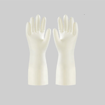 Pair of white nitrile protective gloves with a measurement label on a gray background