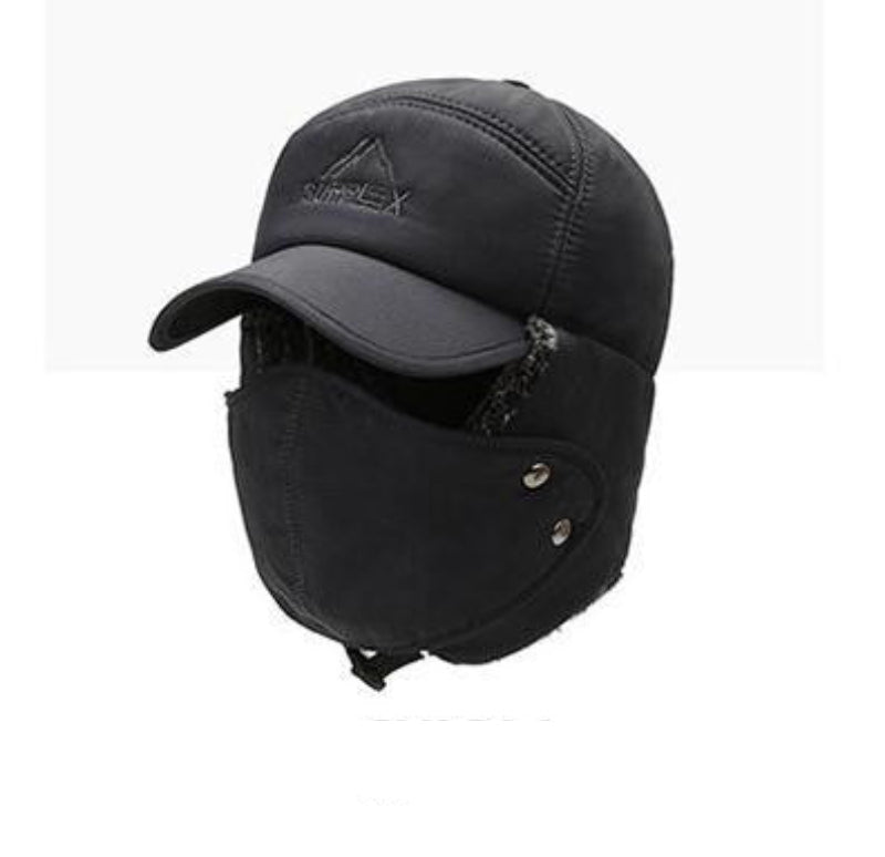 Black winter cap with face mask on a white background