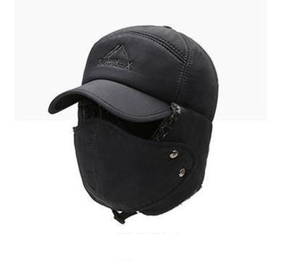 Black winter cap with face mask on a white background