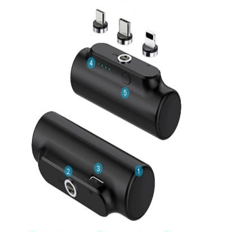 Black portable charger with labeled features on a white background