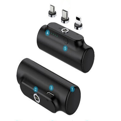 Black portable charger with labeled features on a white background