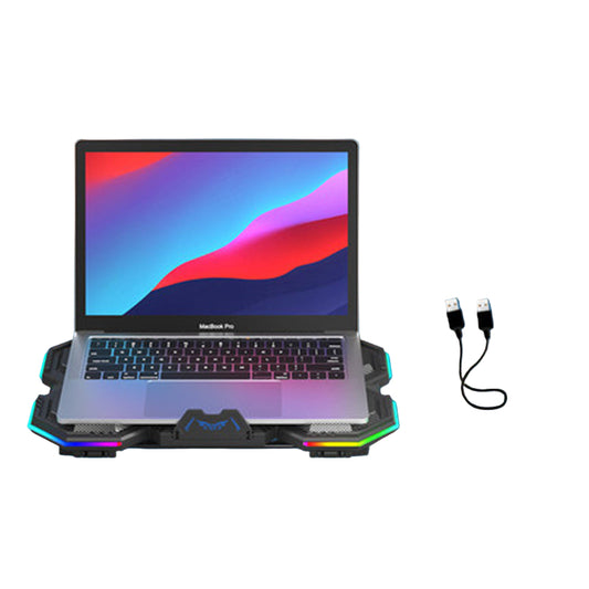 A laptop cooling frame with RGB color light adjustment and a detachable mobile phone holder. It has an array of fans designed to dissipate heat from a laptop, with speed regulation features.