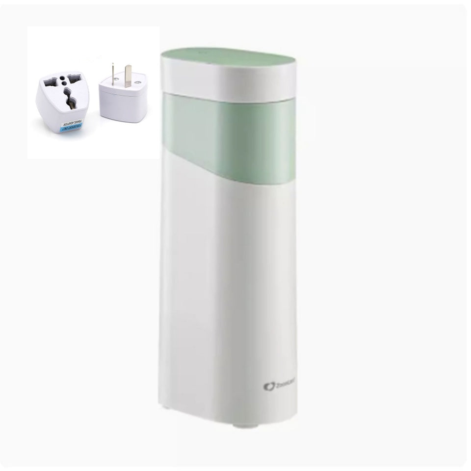 White and green electronic device with a plug on a white background