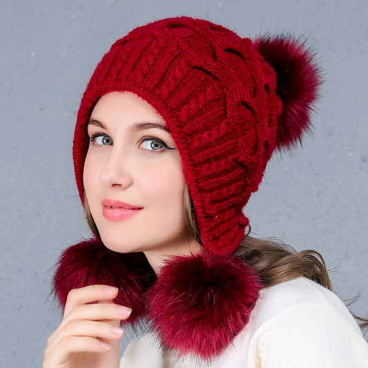 Ladies Knitted Hat with Three Rabbit Hair Balls