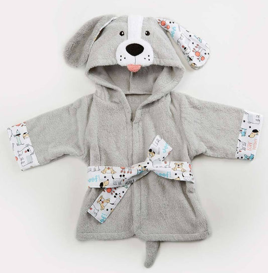 Gray dog-themed children's robe with a hood on a white background