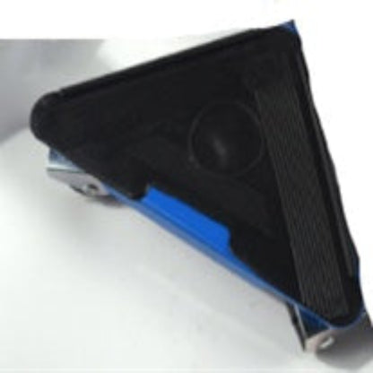 Black triangular tool with blue accents on a white background