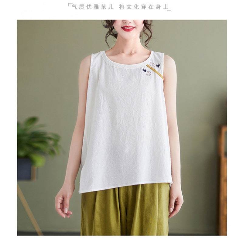 Cotton Linen Vest Female Artistic Embroidery Outer Wear Inner Wear