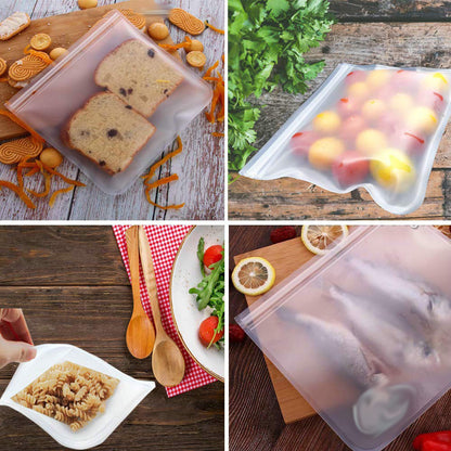 Collage of food packaging bags with various food items on a wooden surface.