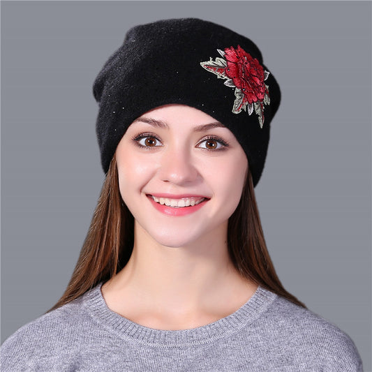 Fox Fur Ball Embroidery Knitted Hat