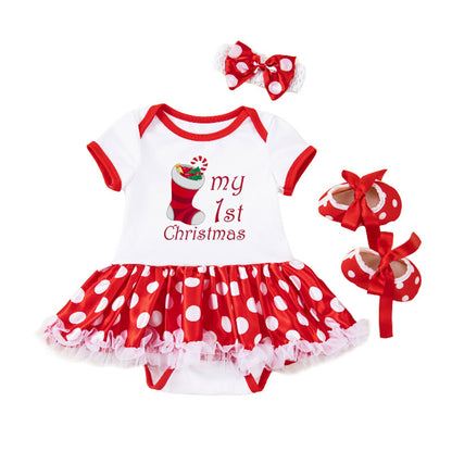 Baby Girl Christmas Party Holiday Clothes Cartoon Old Man Tree Baby's Gown Shoes Hair Accessories 3-piece Set