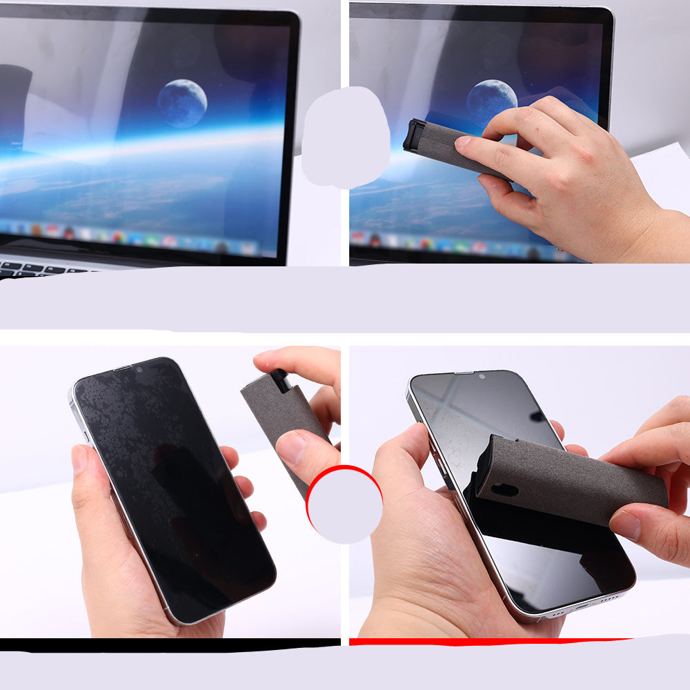 Before and after cleaning comparison of a laptop and smartphone screen with cleaning tools.