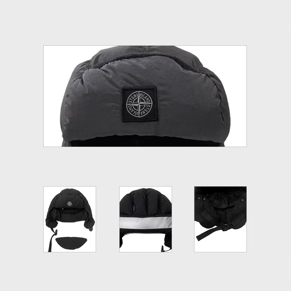 Gray winter hat with brand logo on a light gray background