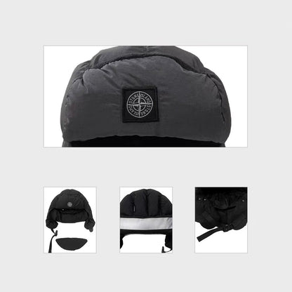 Gray winter hat with brand logo on a light gray background