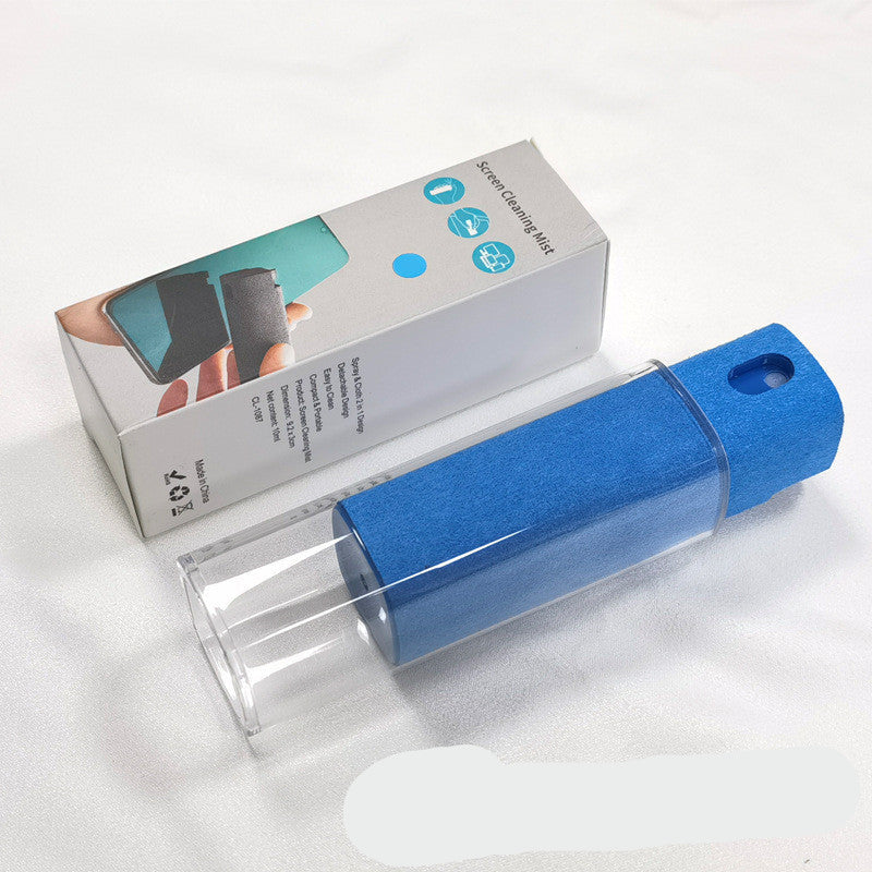 Blue cleaning mist bottle with packaging on a white background
