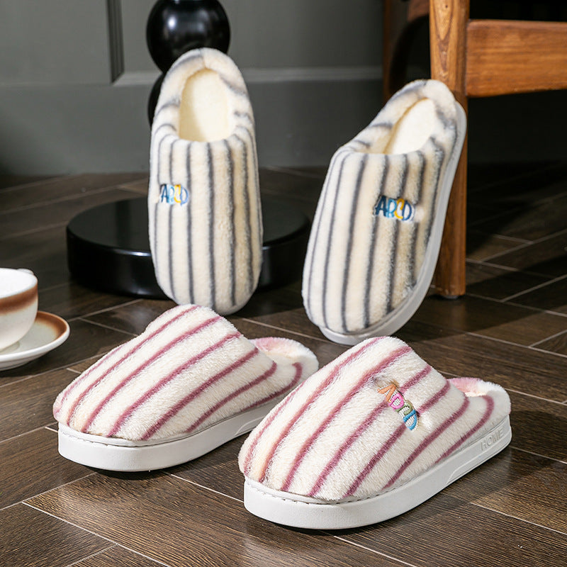 Ins Plush Striped Slippers - Winter Warm Letter Embroidered Shoes