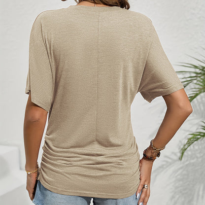 Women's Slim-Fit Ruched Short Sleeve T-Shirt Crewneck Casual Fitted Top