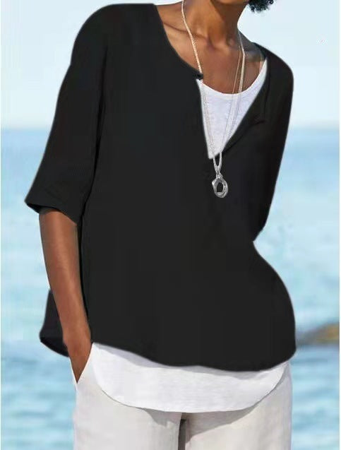 2025 Spring And Summer V-neck Solid Color Cotton And Hemp Medium Sleeve Women's Shirt