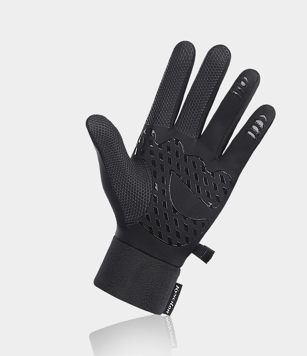 Black glove with textured palm on a light gray background