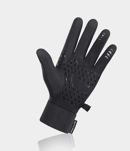 Black glove with textured palm on a light gray background