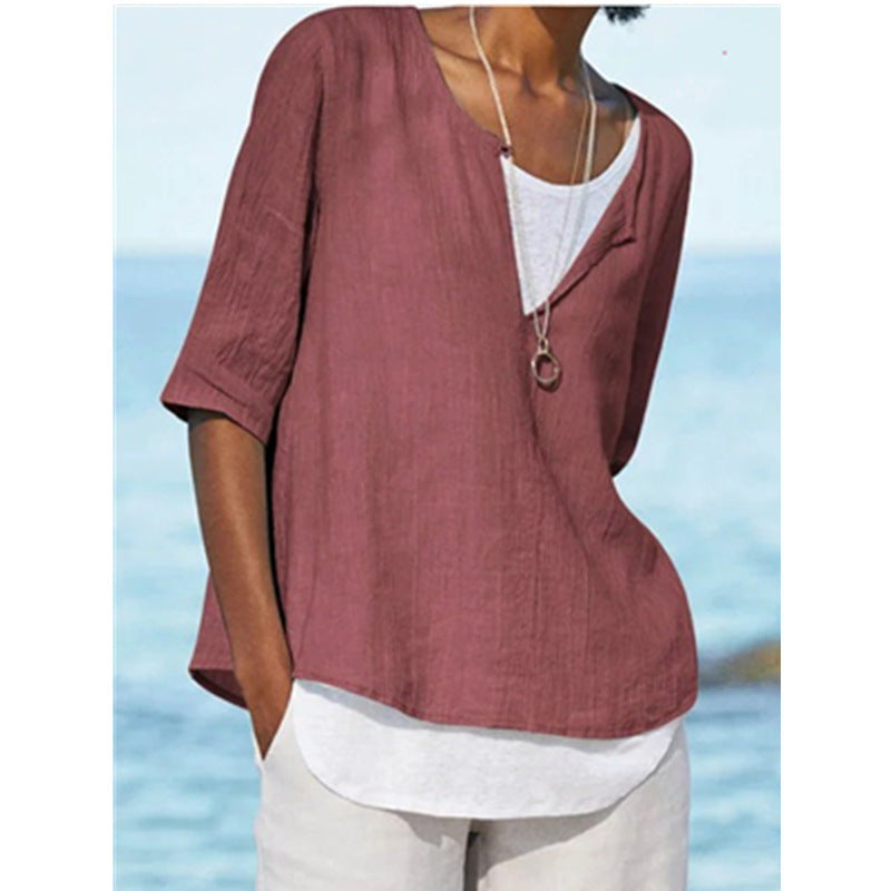 2025 Spring And Summer V-neck Solid Color Cotton And Hemp Medium Sleeve Women's Shirt