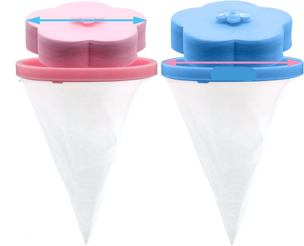 Two silicone funnel-shaped containers with pink and blue lids, showing measurements.