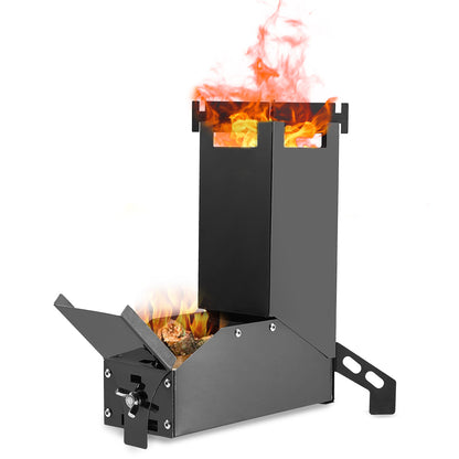 Black metal fire pit with flames on a white background