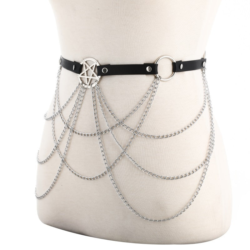 Silver chain belt with black leather strap and pentagram design on mannequin.