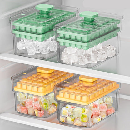 Ice cube trays with lids in a refrigerator, showing ice cubes and frozen food.