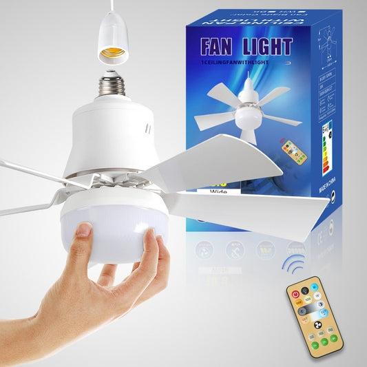 Ceiling fan light bulb with remote control and packaging on a white background