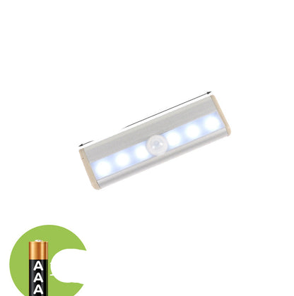 LED light strip with dimensions and battery information on a white background