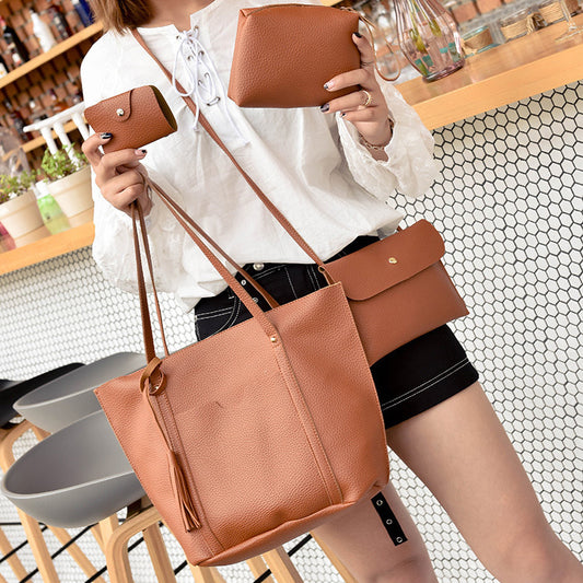 Oblique Cross Bag Lychee Pattern Tassel Four-piece Handbag