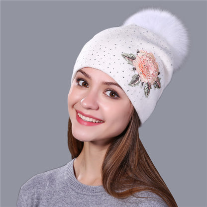 Fox Fur Ball Embroidery Knitted Hat