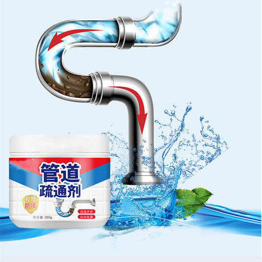 Pipe cleaner product with a faucet and water splash on a blue background