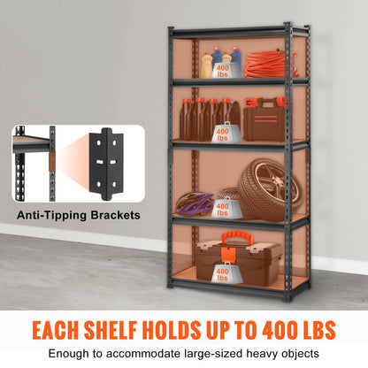 VEVOR Storage Shelving Unit, 5Tier Adjustable, 2000 Lbs Capacity, Heavy Duty Garage Shelves Metal Organizer Utility Rack, Black, 30L X 12W X 60 H For Kitchen Pantry Basement Bathroom Laundry