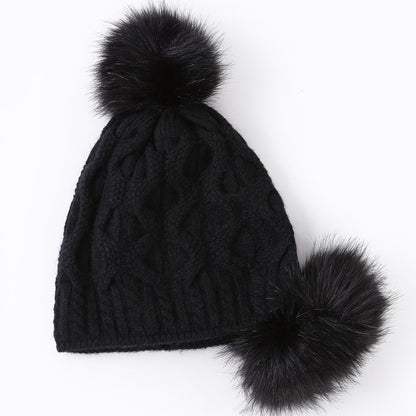 Ladies Knitted Hat with Three Rabbit Hair Balls