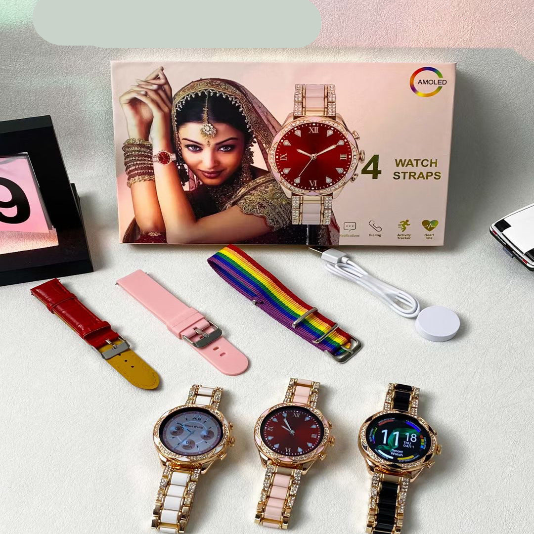 Smartwatch with multiple bands and packaging on a light surface