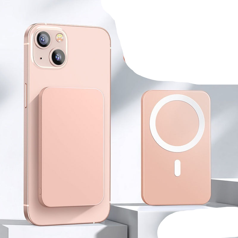 Pink MagSafe magnetic power bank with phone case on a white background