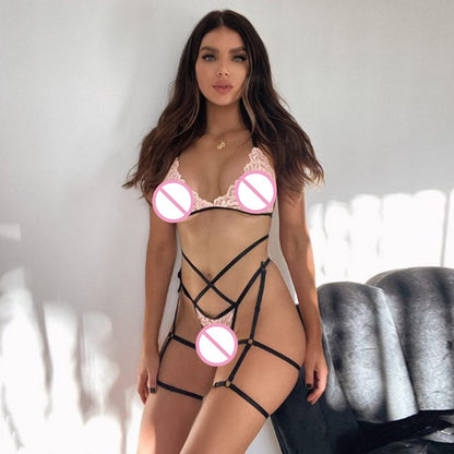 Lace Hollow Lingerie with Leg Straps – Elegant Three-Point Design