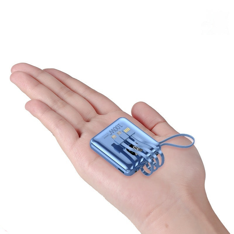 Blue portable charger held in a hand with text highlighting convenience and features.
