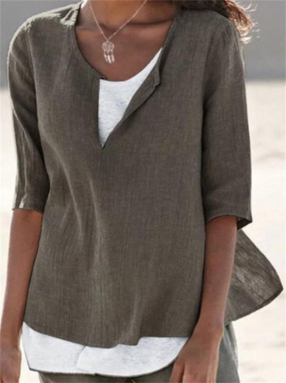 2025 Spring And Summer V-neck Solid Color Cotton And Hemp Medium Sleeve Women's Shirt